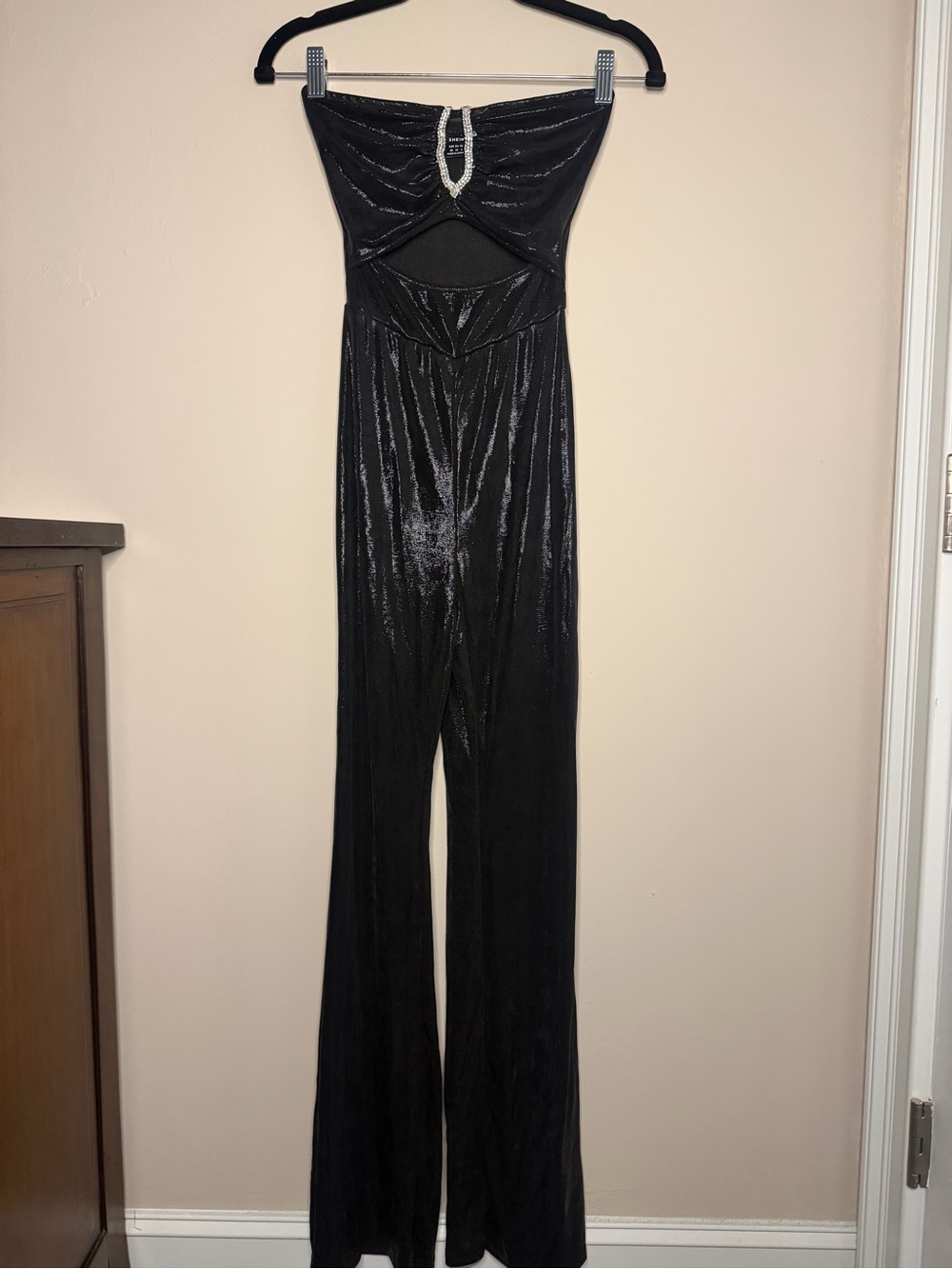 SHEIN Black Shimmer Strapless Jumpsuit with Rhinestone Trim